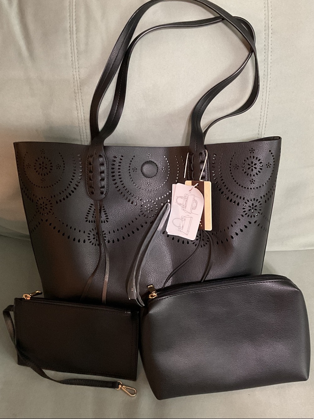 Perforated Black Tote with Two Matching Black Pouches